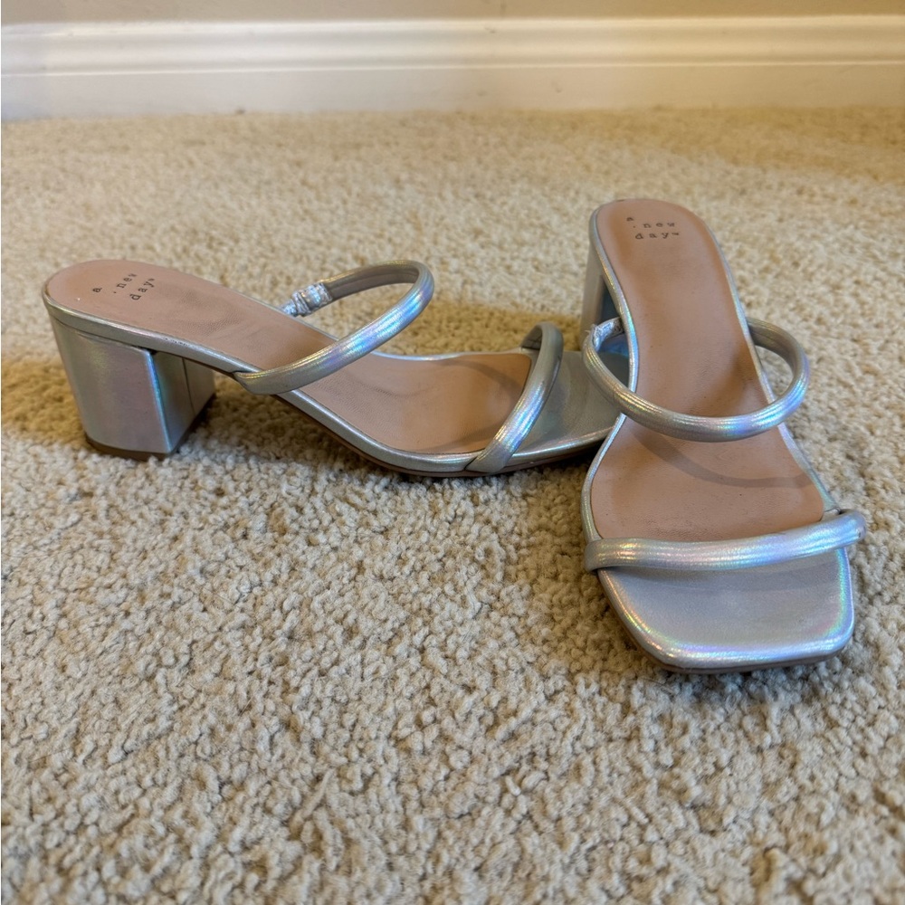 A New Day Silver iridescent, Strappy Heels